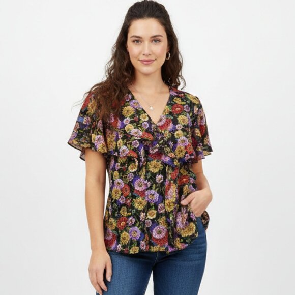 Vintage Tops - Vintage Sabino Floral Sheer Ruffle Button Up Blouse Size 10‎ Cottage Boho Spring